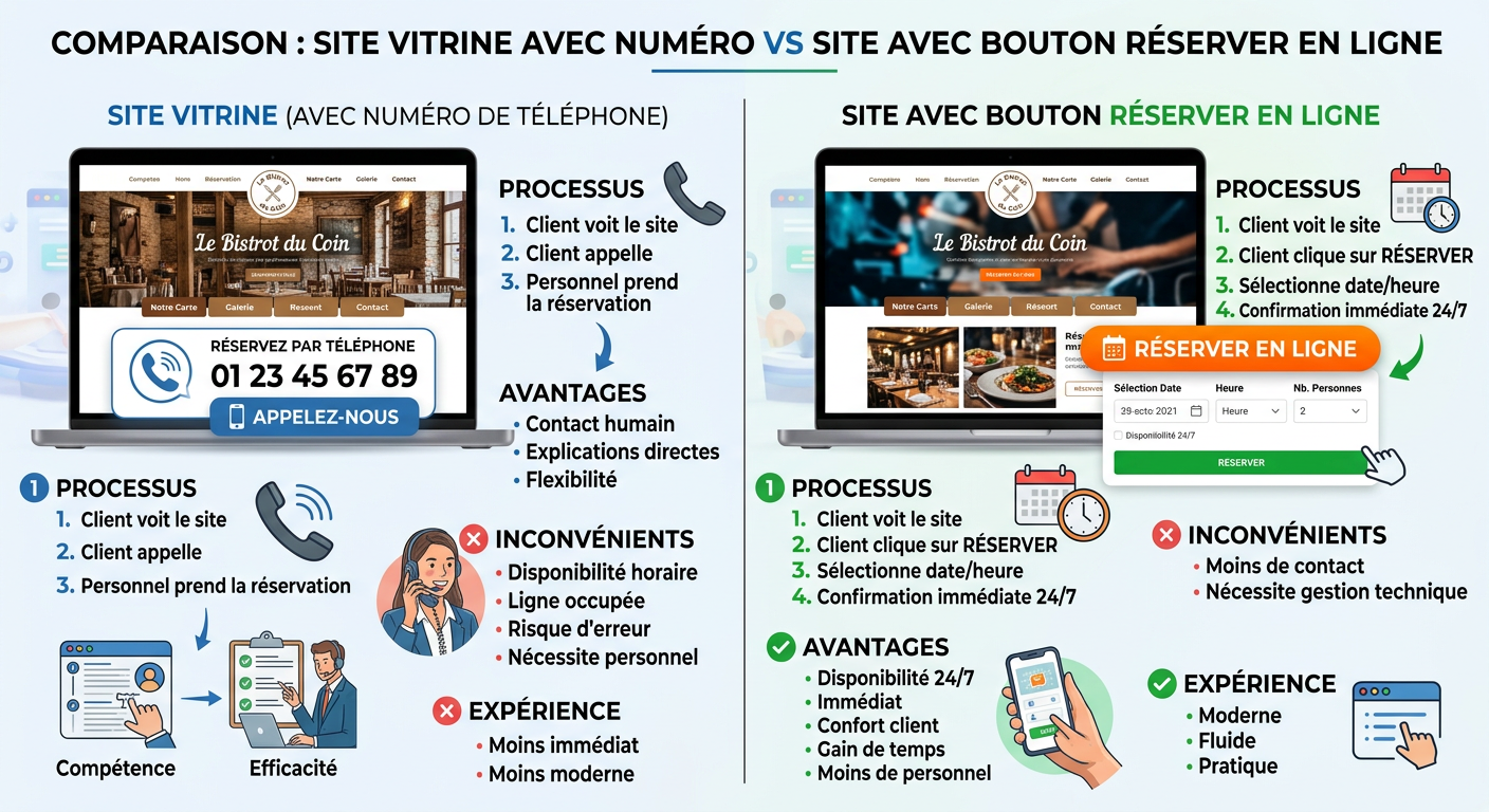 Comparaison site vitrine avec numéro vs site avec bouton réserver en ligne